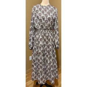 EPIK Dress Maxi Tiered Long Sleeve Floral Print Smocked Waist Brown White Sz M